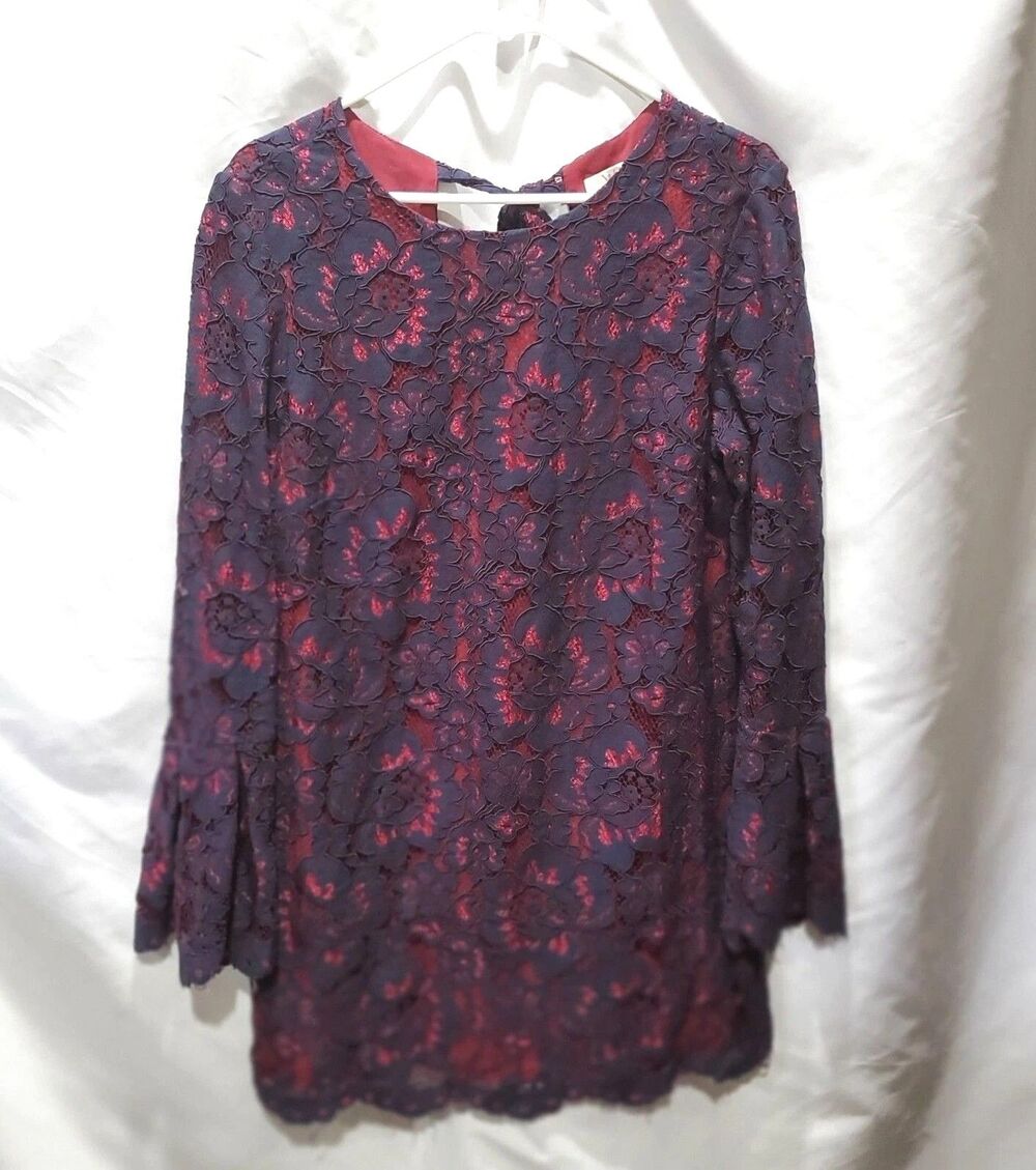 Wayf Navy Burgundy Merrick Lace Dress, Tie Back Bell Sleeve Medium
